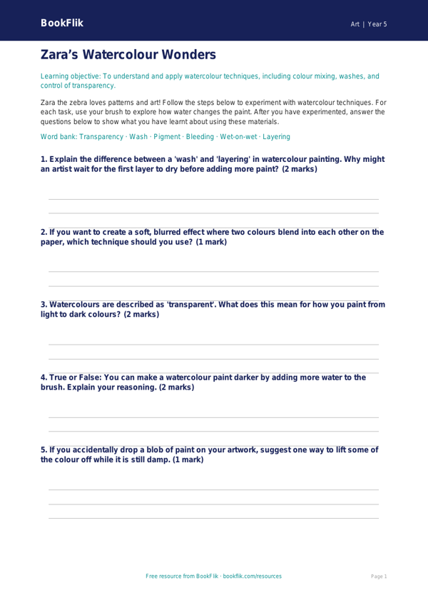 Free Watercolour Activity Sheet | Year 5 Core | BookFlik worksheet preview — Art Watercolour