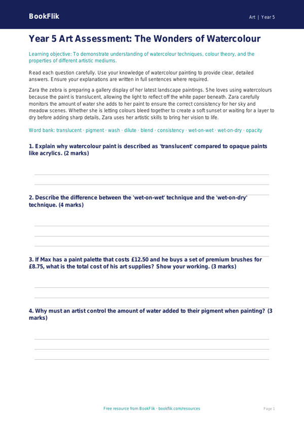 Free Watercolour Assessment | Year 5 Core | BookFlik worksheet preview — Art Watercolour