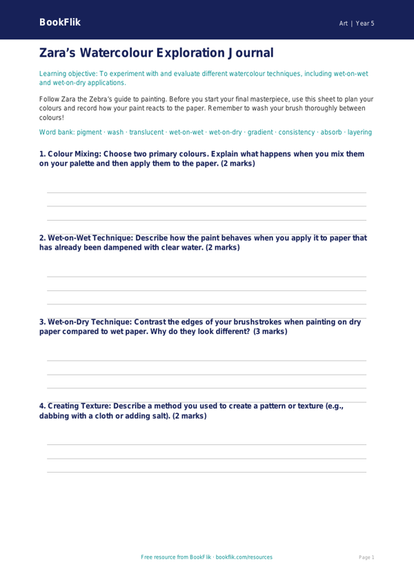 Free Watercolour Template | Year 5 Core | BookFlik worksheet preview — Art Watercolour