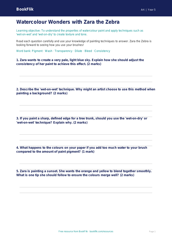 Free Watercolour Worksheet | Year 5 Core | BookFlik worksheet preview — Art Watercolour