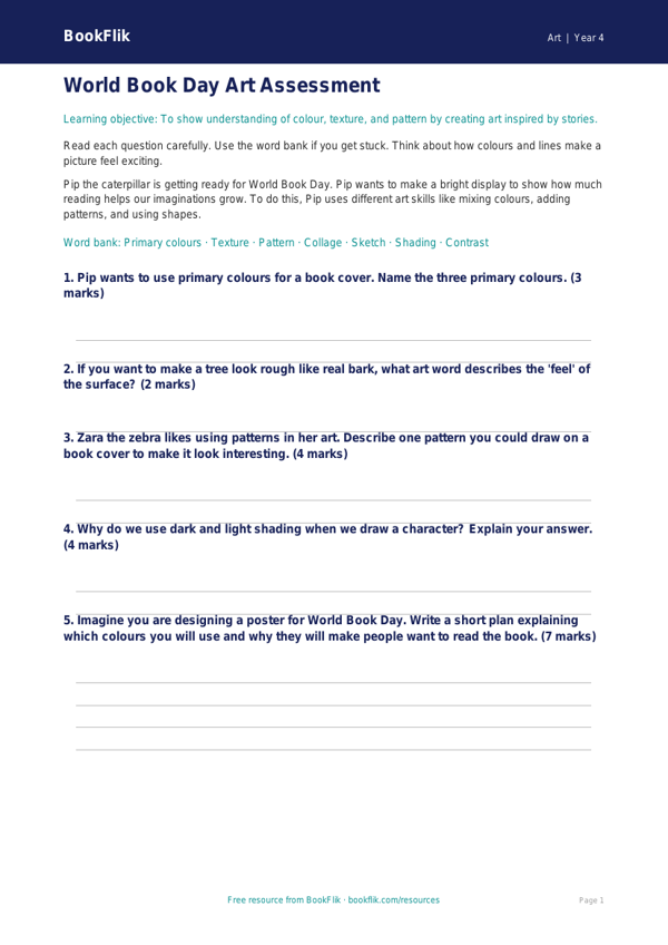 Free World Book Day Art Assessment | Year 4 Supported | BookFlik worksheet preview — Art World Book Day Art