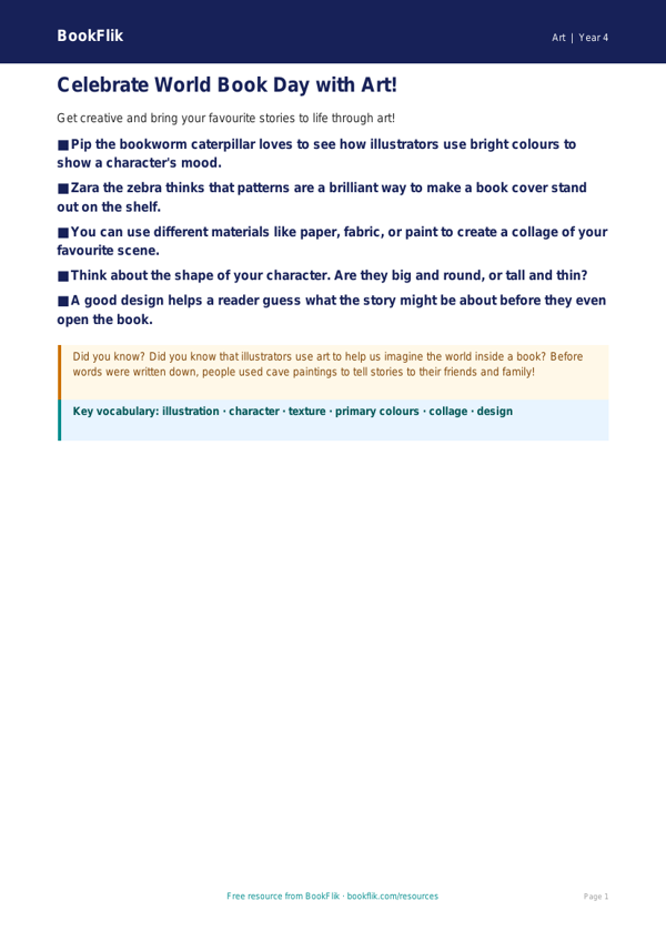 Free World Book Day Art Poster | Year 4 Supported | BookFlik worksheet preview — Art World Book Day Art