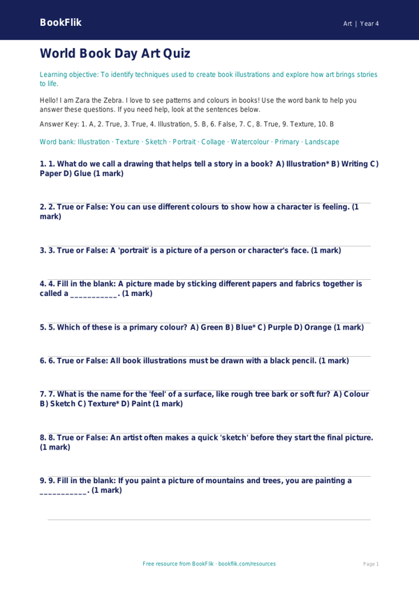 Free World Book Day Art Quiz | Year 4 Supported | BookFlik worksheet preview — Art World Book Day Art