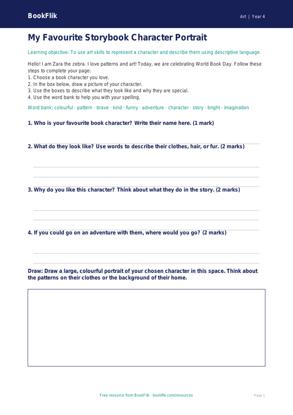 Free World Book Day Art Template | Year 4 Supported | BookFlik worksheet preview — Art World Book Day Art