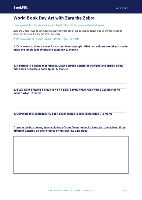 Free World Book Day Art Worksheet | Year 4 Supported | BookFlik worksheet preview — Art World Book Day Art