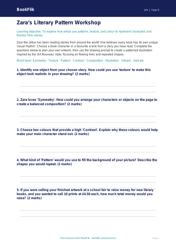 Free World Book Day Art Activity Sheet | Year 5 Core | BookFlik worksheet preview — Art World Book Day Art