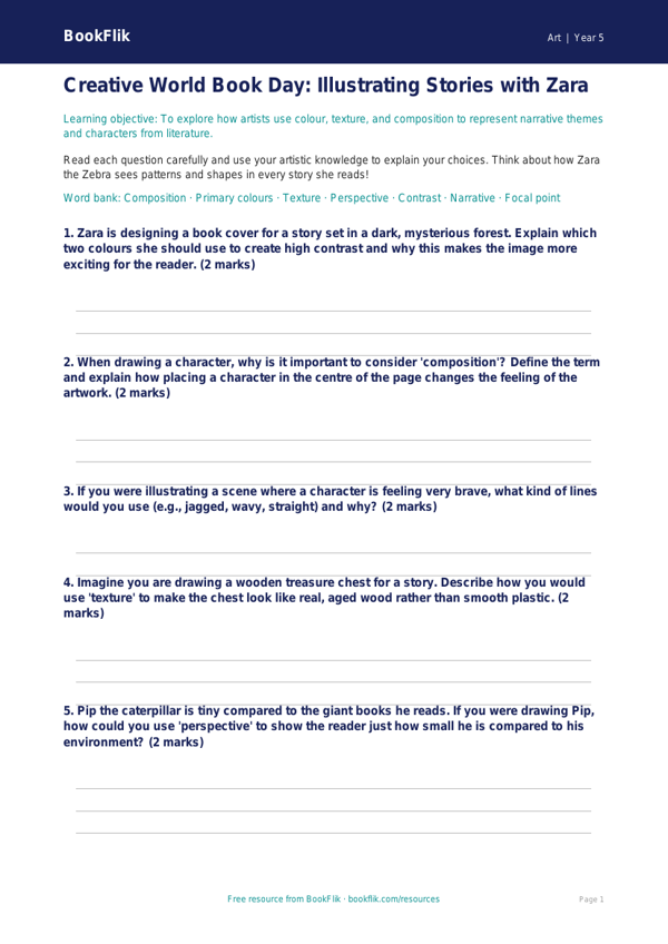 Free World Book Day Art Worksheet | Year 5 Core | BookFlik worksheet preview — Art World Book Day Art