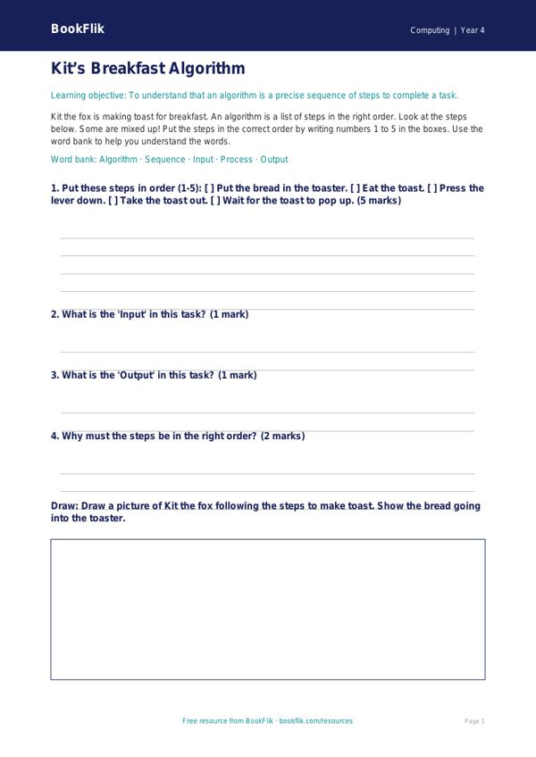 Free Algorithms Activity Sheet | Year 4 Supported | BookFlik worksheet preview — Computing Algorithms