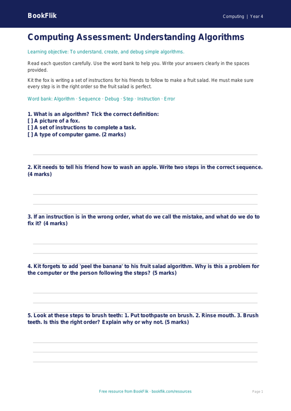 Free Algorithms Assessment | Year 4 Supported | BookFlik worksheet preview — Computing Algorithms