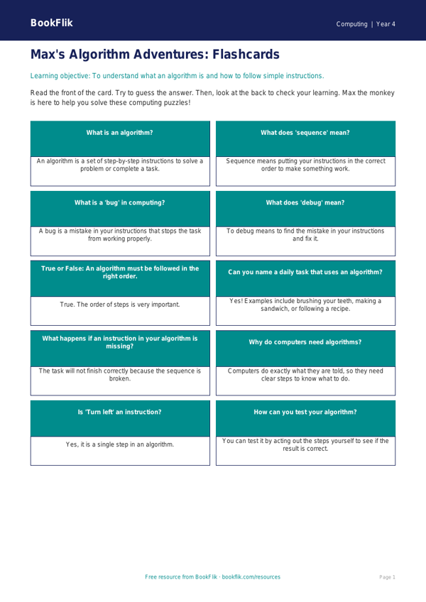 Free Algorithms Flashcards | Year 4 Supported | BookFlik worksheet preview — Computing Algorithms