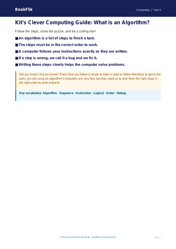 Free Algorithms Poster | Year 4 Supported | BookFlik worksheet preview — Computing Algorithms
