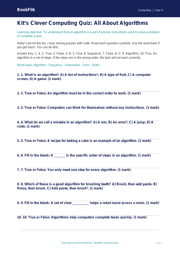 Free Algorithms Quiz | Year 4 Supported | BookFlik worksheet preview — Computing Algorithms