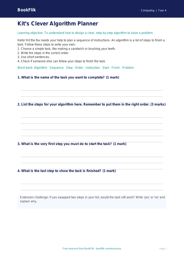 Free Algorithms Template | Year 4 Supported | BookFlik worksheet preview — Computing Algorithms