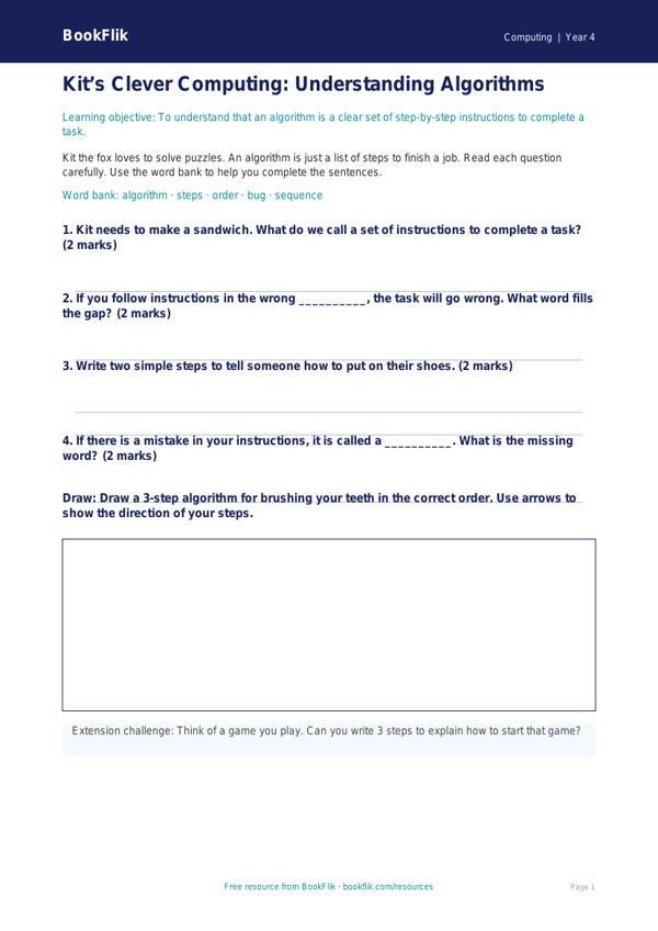 Free Algorithms Worksheet | Year 4 Supported | BookFlik worksheet preview — Computing Algorithms