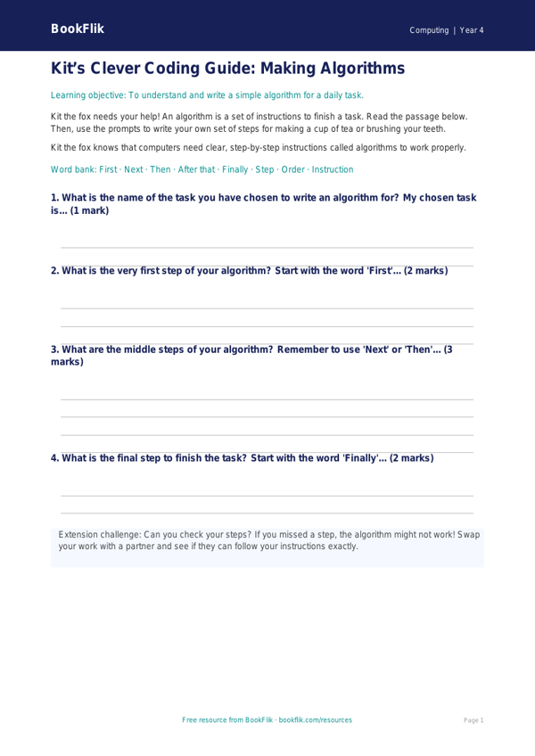 Free Algorithms Writing Frame | Year 4 Supported | BookFlik worksheet preview — Computing Algorithms