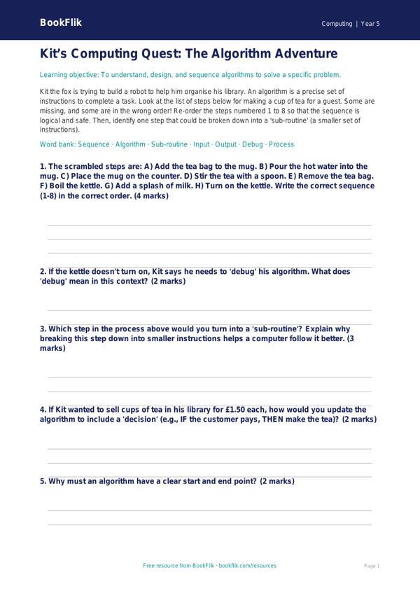 Free Algorithms Activity Sheet | Year 5 Core | BookFlik worksheet preview — Computing Algorithms