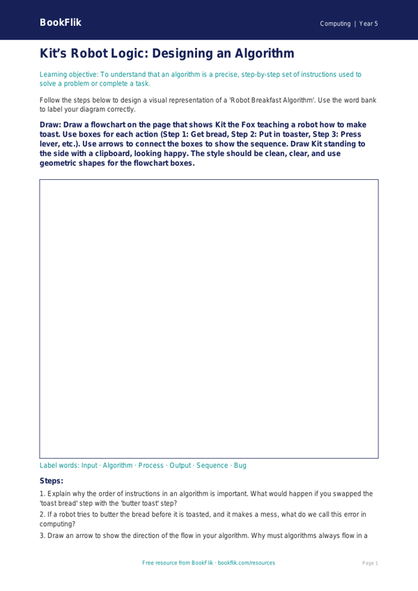 Free Algorithms Drawing Sheet | Year 5 Core | BookFlik worksheet preview — Computing Algorithms