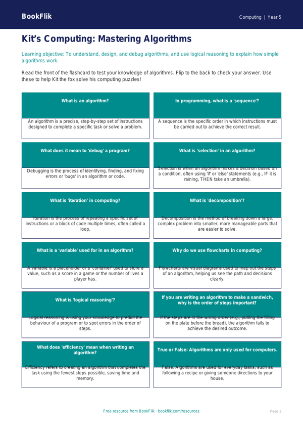 Free Algorithms Flashcards | Year 5 Core | BookFlik worksheet preview — Computing Algorithms
