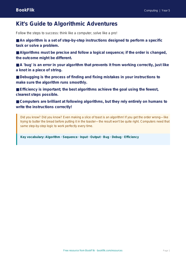 Free Algorithms Poster | Year 5 Core | BookFlik worksheet preview — Computing Algorithms