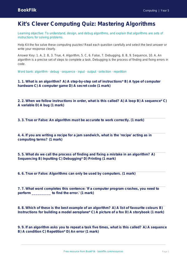 Free Algorithms Quiz | Year 5 Core | BookFlik worksheet preview — Computing Algorithms