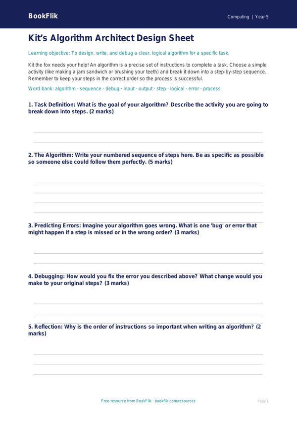 Free Algorithms Template | Year 5 Core | BookFlik worksheet preview — Computing Algorithms