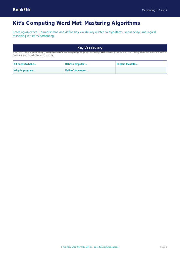 Free Algorithms Word Mat | Year 5 Core | BookFlik worksheet preview — Computing Algorithms