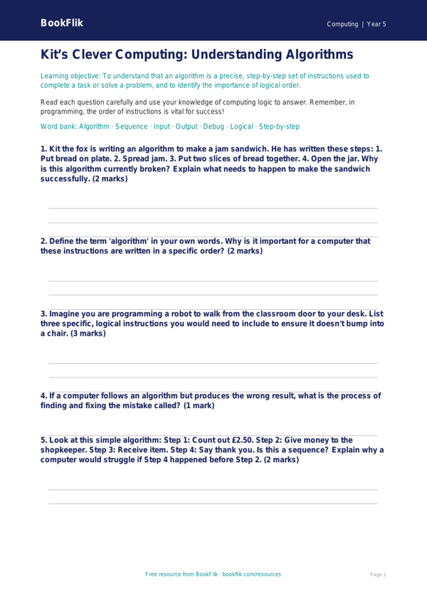 Free Algorithms Worksheet | Year 5 Core | BookFlik worksheet preview — Computing Algorithms