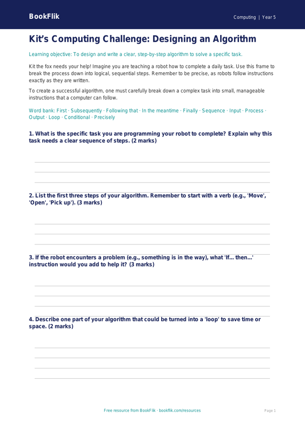 Free Algorithms Writing Frame | Year 5 Core | BookFlik worksheet preview — Computing Algorithms