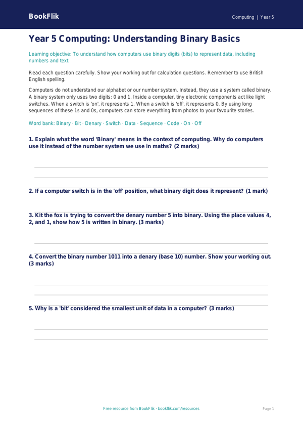 Free Binary Assessment | Year 5 Core | BookFlik worksheet preview — Computing Binary