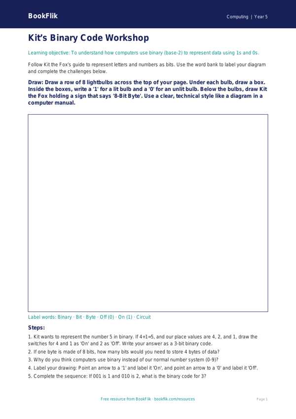 Free Binary Drawing Sheet | Year 5 Core | BookFlik worksheet preview — Computing Binary