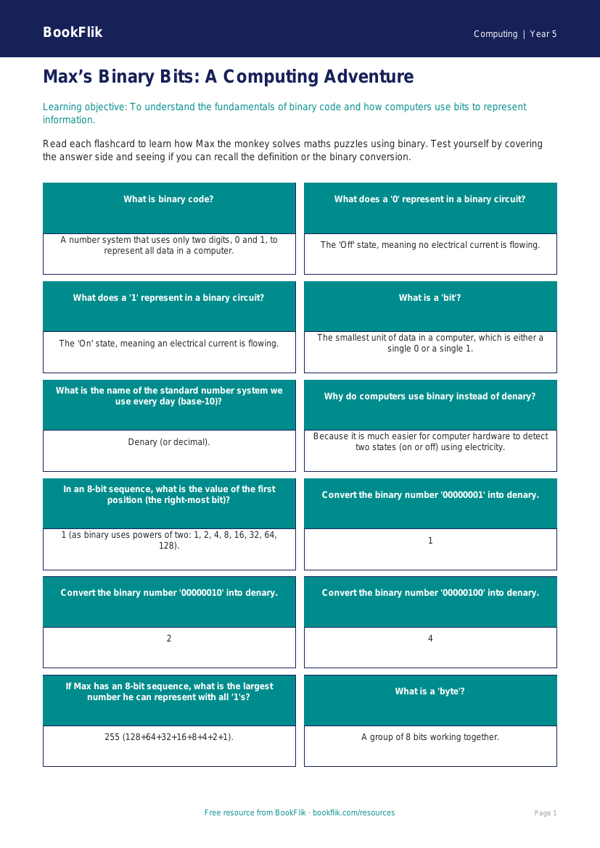 Free Binary Flashcards | Year 5 Core | BookFlik worksheet preview — Computing Binary