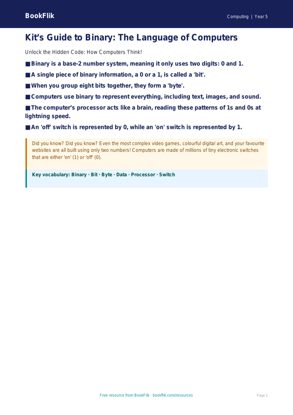 Free Binary Poster | Year 5 Core | BookFlik worksheet preview — Computing Binary