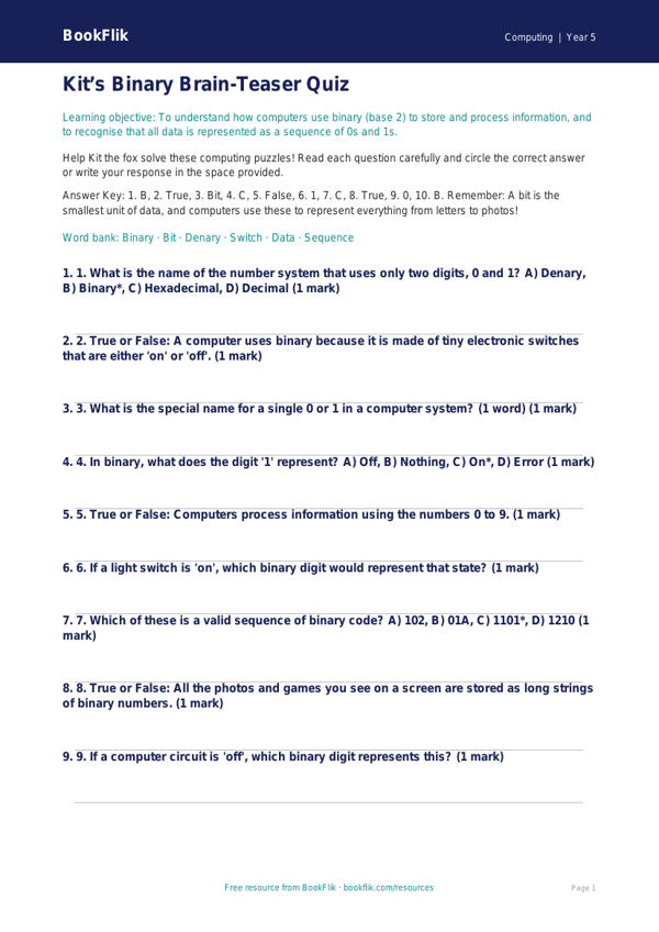 Free Binary Quiz | Year 5 Core | BookFlik worksheet preview — Computing Binary