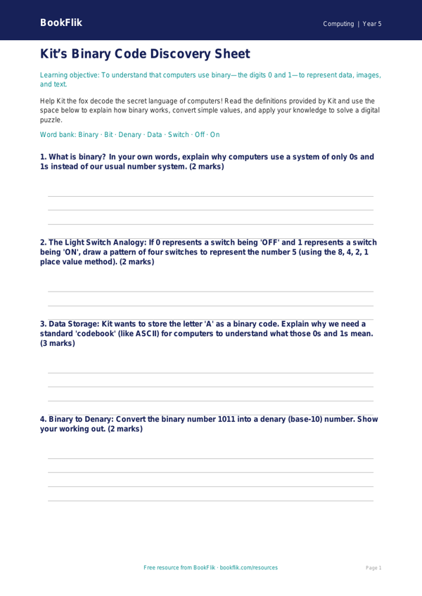 Free Binary Template | Year 5 Core | BookFlik worksheet preview — Computing Binary
