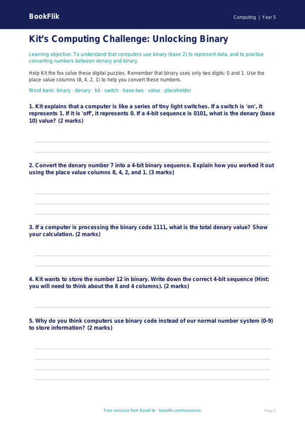 Free Binary Worksheet | Year 5 Core | BookFlik worksheet preview — Computing Binary