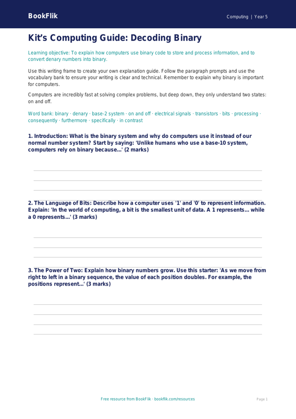Free Binary Writing Frame | Year 5 Core | BookFlik worksheet preview — Computing Binary
