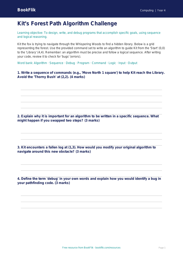 Free Coding Activity Sheet | Year 4 Greater Depth | BookFlik worksheet preview — Computing Coding