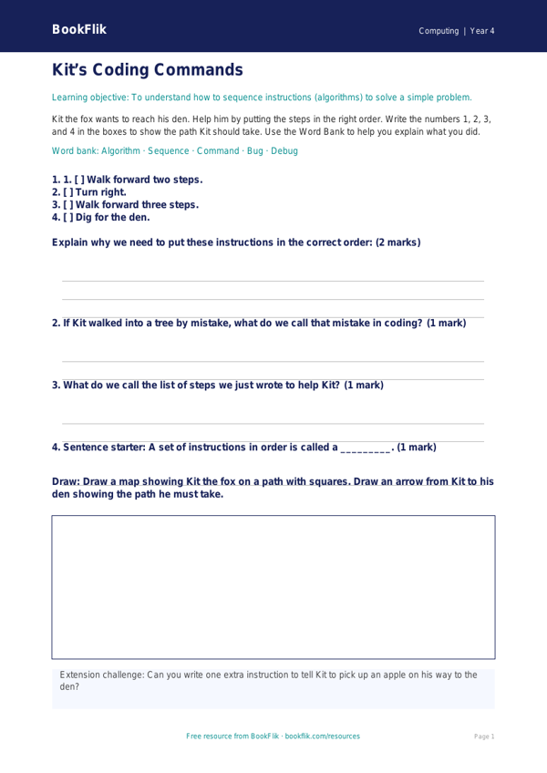 Free Coding Activity Sheet | Year 4 Supported | BookFlik worksheet preview — Computing Coding