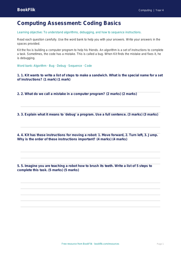 Free Coding Assessment | Year 4 Supported | BookFlik worksheet preview — Computing Coding
