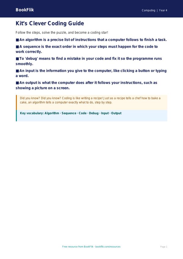Free Coding Poster | Year 4 Supported | BookFlik worksheet preview — Computing Coding