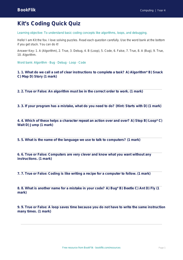 Free Coding Quiz | Year 4 Supported | BookFlik worksheet preview — Computing Coding
