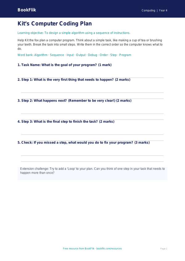 Free Coding Template | Year 4 Supported | BookFlik worksheet preview — Computing Coding