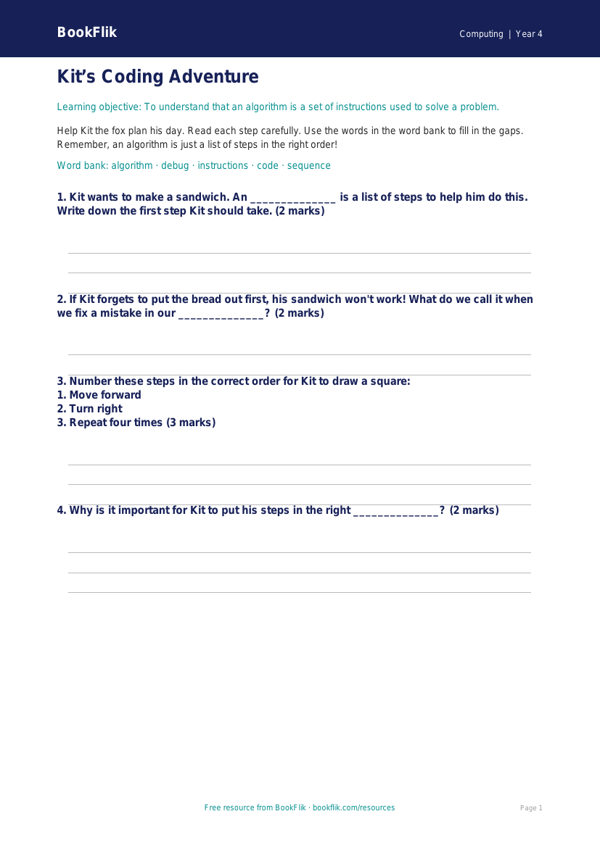 Free Coding Worksheet | Year 4 Supported | BookFlik worksheet preview — Computing Coding
