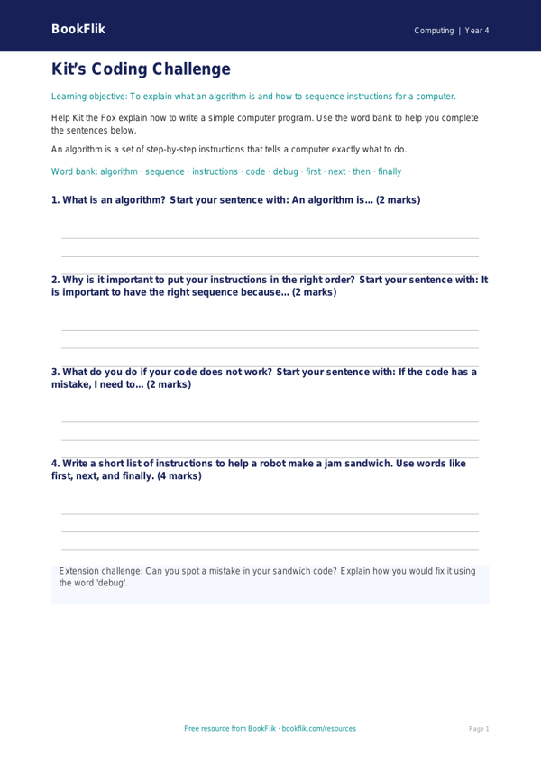 Free Coding Writing Frame | Year 4 Supported | BookFlik worksheet preview — Computing Coding