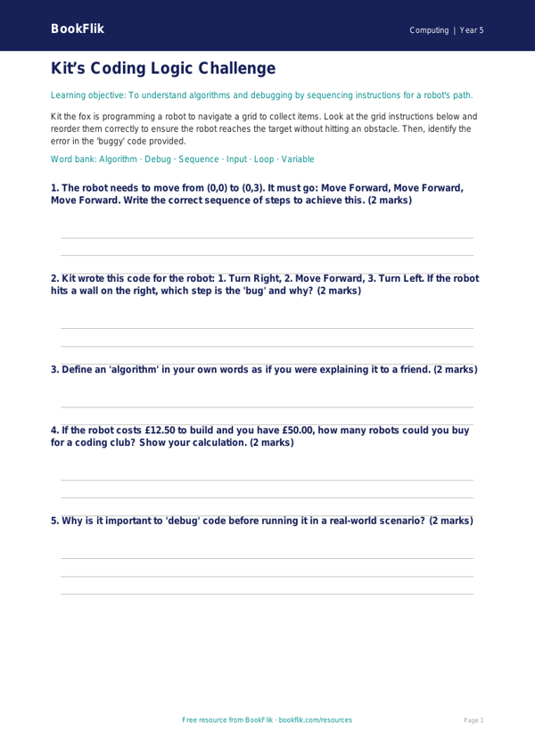 Free Coding Activity Sheet | Year 5 Core | BookFlik worksheet preview — Computing Coding