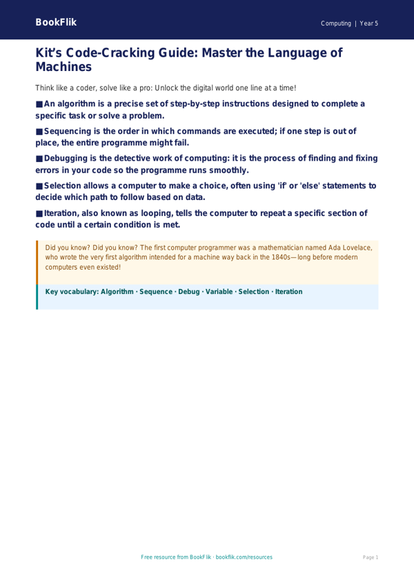 Free Coding Poster | Year 5 Core | BookFlik worksheet preview — Computing Coding
