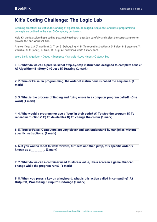 Free Coding Quiz | Year 5 Core | BookFlik worksheet preview — Computing Coding