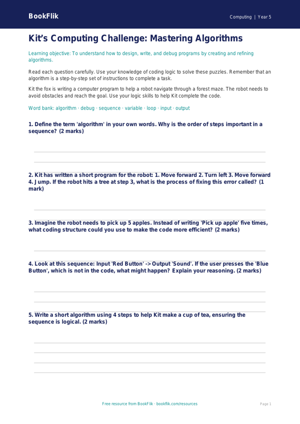 Free Coding Worksheet | Year 5 Core | BookFlik worksheet preview — Computing Coding