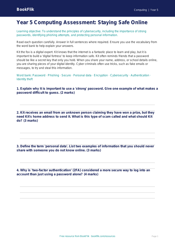 Free Cybersecurity Assessment | Year 5 Core | BookFlik worksheet preview — Computing Cybersecurity