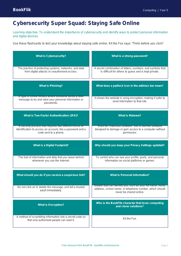 Free Cybersecurity Flashcards | Year 5 Core | BookFlik worksheet preview — Computing Cybersecurity